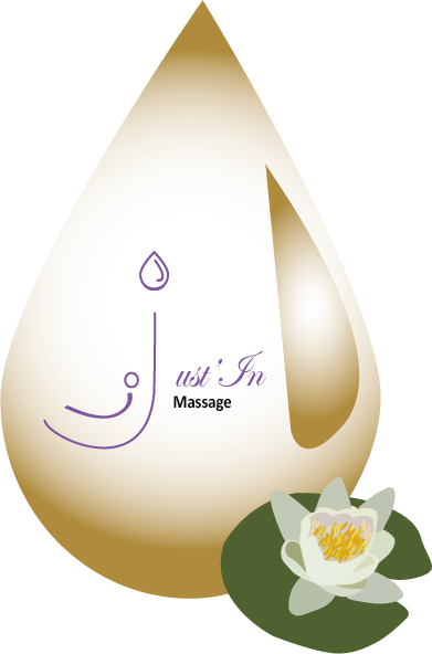 logo Just'in Massage avec une goutte d'huile et un nénuphar en fleur